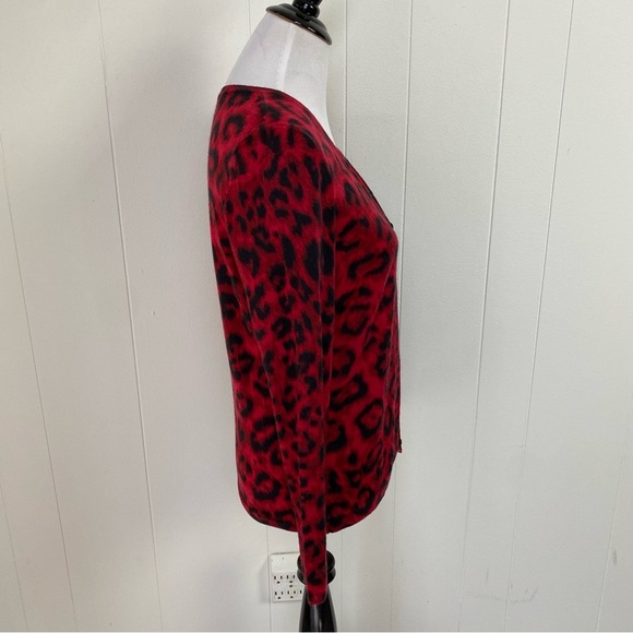 Talbots M P 100% Merino Wool Sweater Cardigan Cheetah Print Red Button Front - Picture 6 of 11